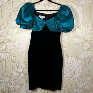 Scott McClintock Vintage Teal Satin Puff-Sleeve Mini Dress w/Black Velvet Skirt